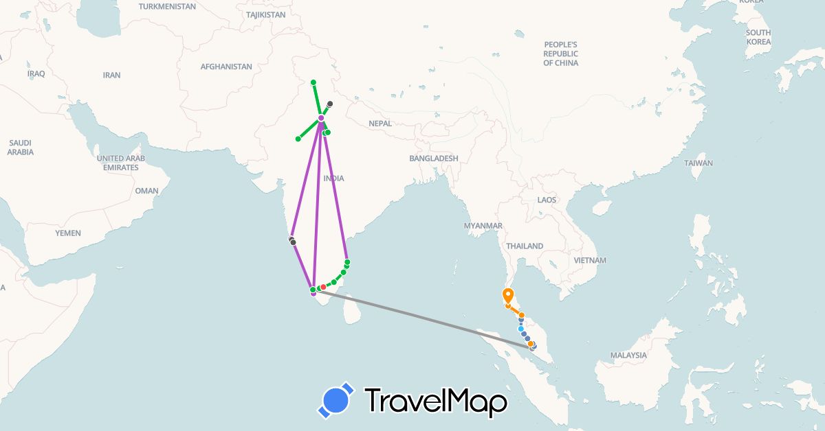 TravelMap itinerary: driving, bus, plane, cycling, train, hiking, boat, hitchhiking, motorbike in India, Malaysia, Thailand (Asia)